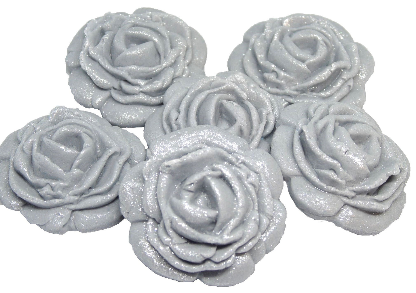6 Glittered edible large roses Silver vegan dairy free & gluten free rose decorations