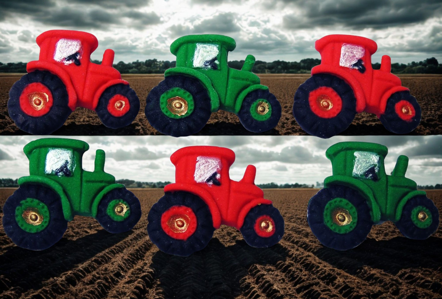 red and green tractors cake toppers shown on a field with a cloudy sky.
