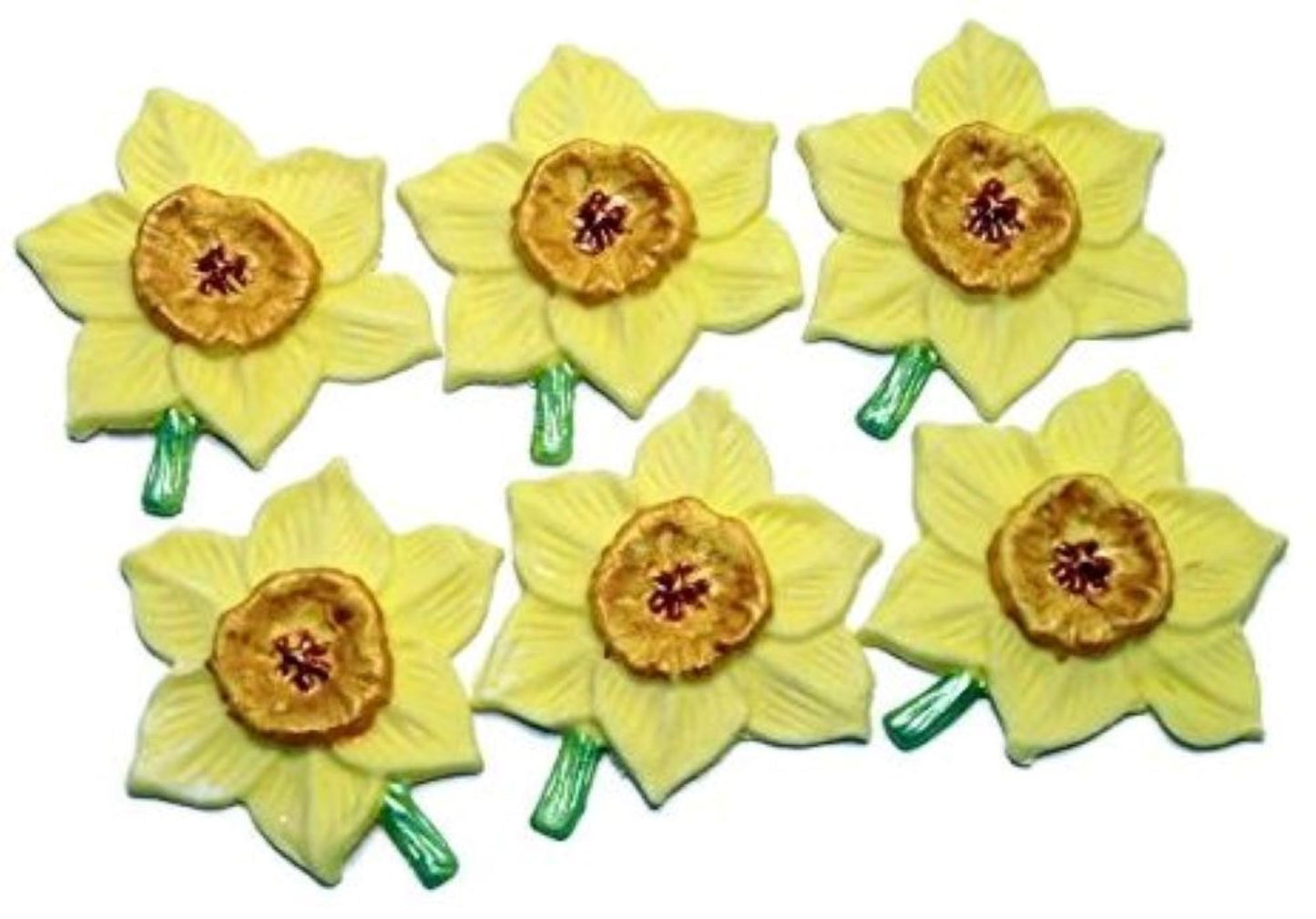 Edible Daffodils cupcake and cake toppers. vegan, Dairy & Gluten Free shown on a white backround