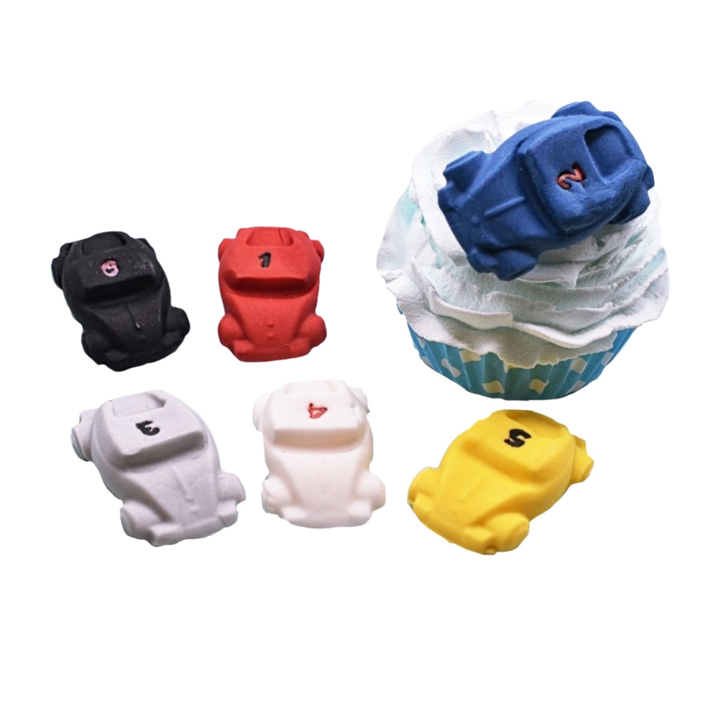 Colorful cupcake- with various coloured cars on a white background