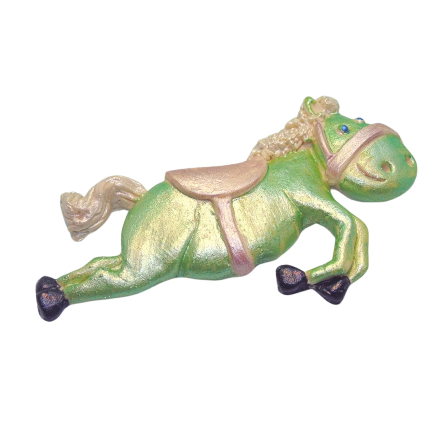 Green horse cake decoration figurine with a pink saddle on a white background
