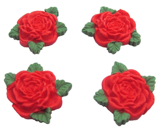 4 Red Roses with leaves edible cake or cupcake topper decorations