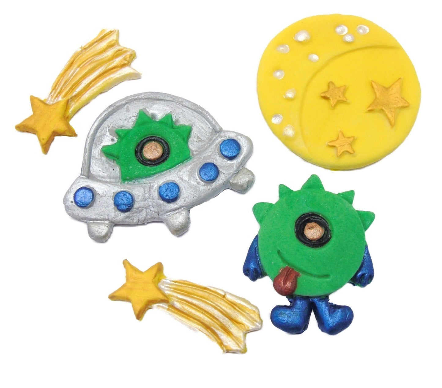 Large Alien Space Set with moon and shooting stars. Fun Vegan Birthday Cake Toppers