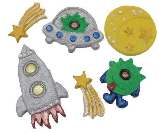 Large edible Space Set Fun Alien, rocket, shooting stars and space ship. ideal for a Birthday Cake. All are dairy & Gluten free