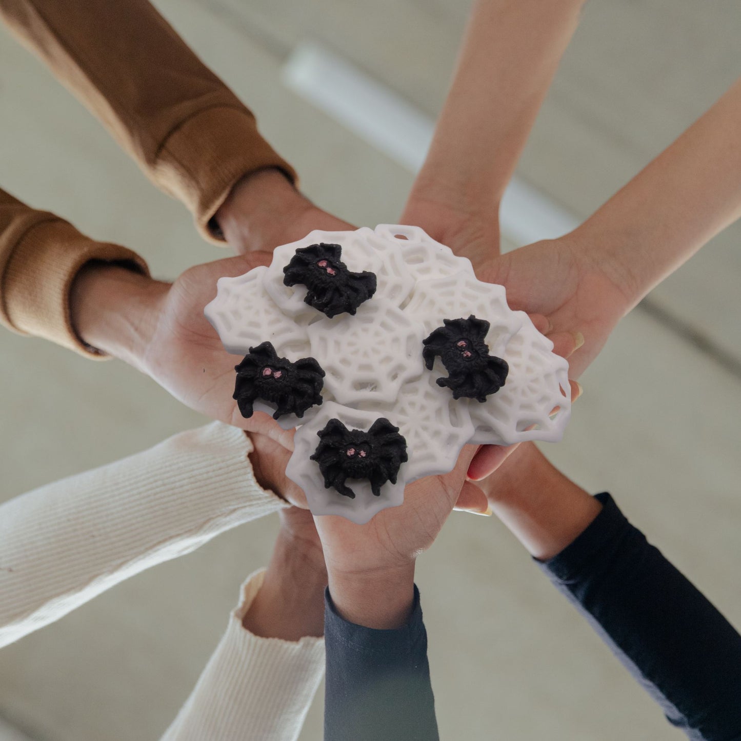 hands holding a white spider webs with black spider decorations against a neutral background