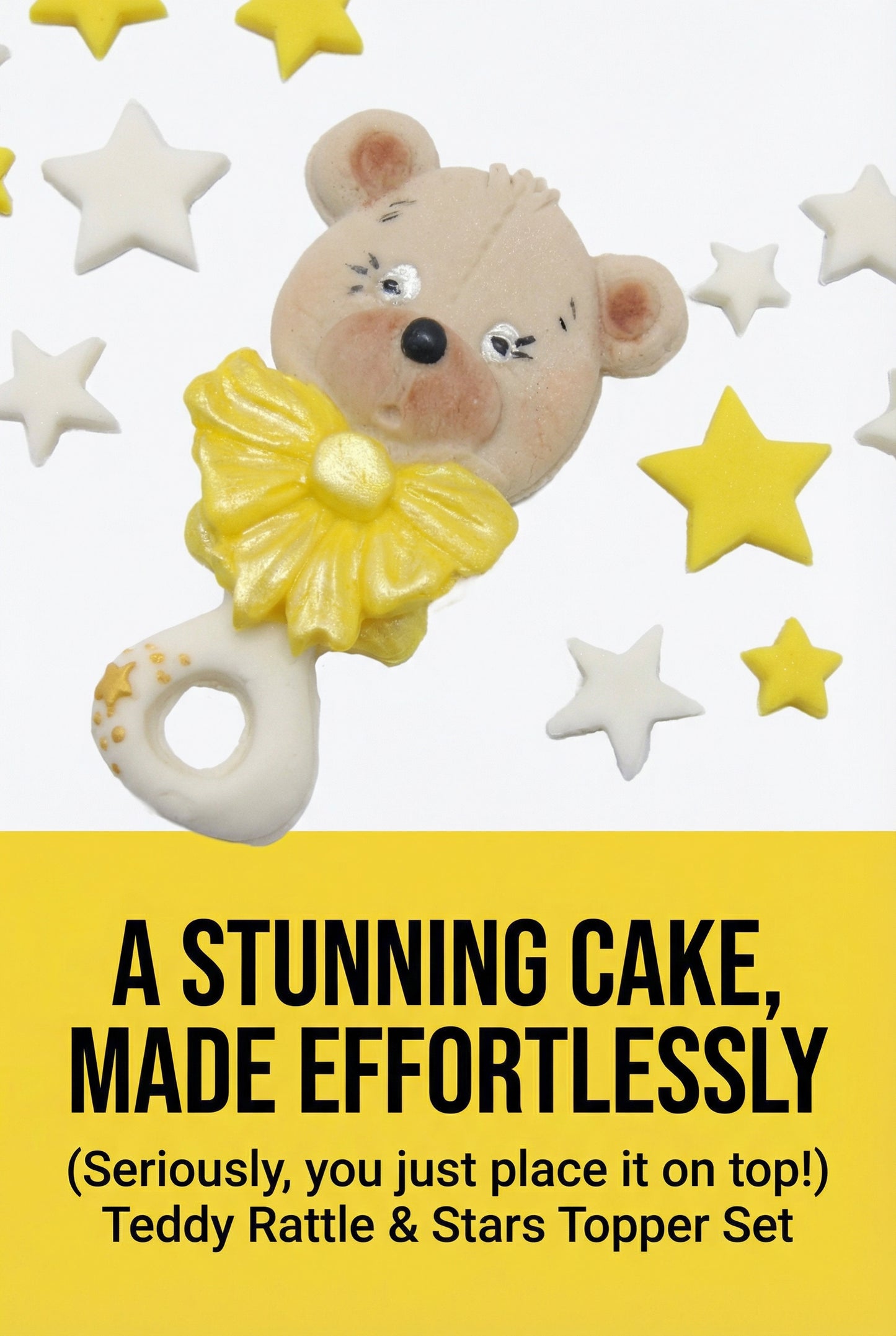 Teddy bear rattle and star topper set on a white background with promotional text.