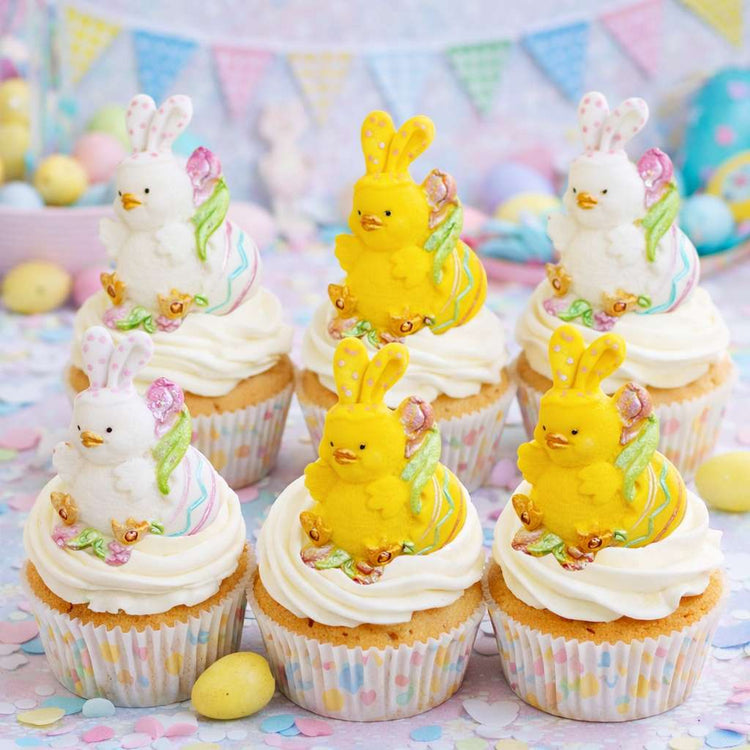A collection of chicks as cake toppers from the easter collection.