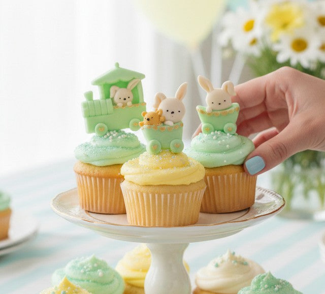 A group of rabbit cake toppers. The cake toppers are blue, pink and grey.
