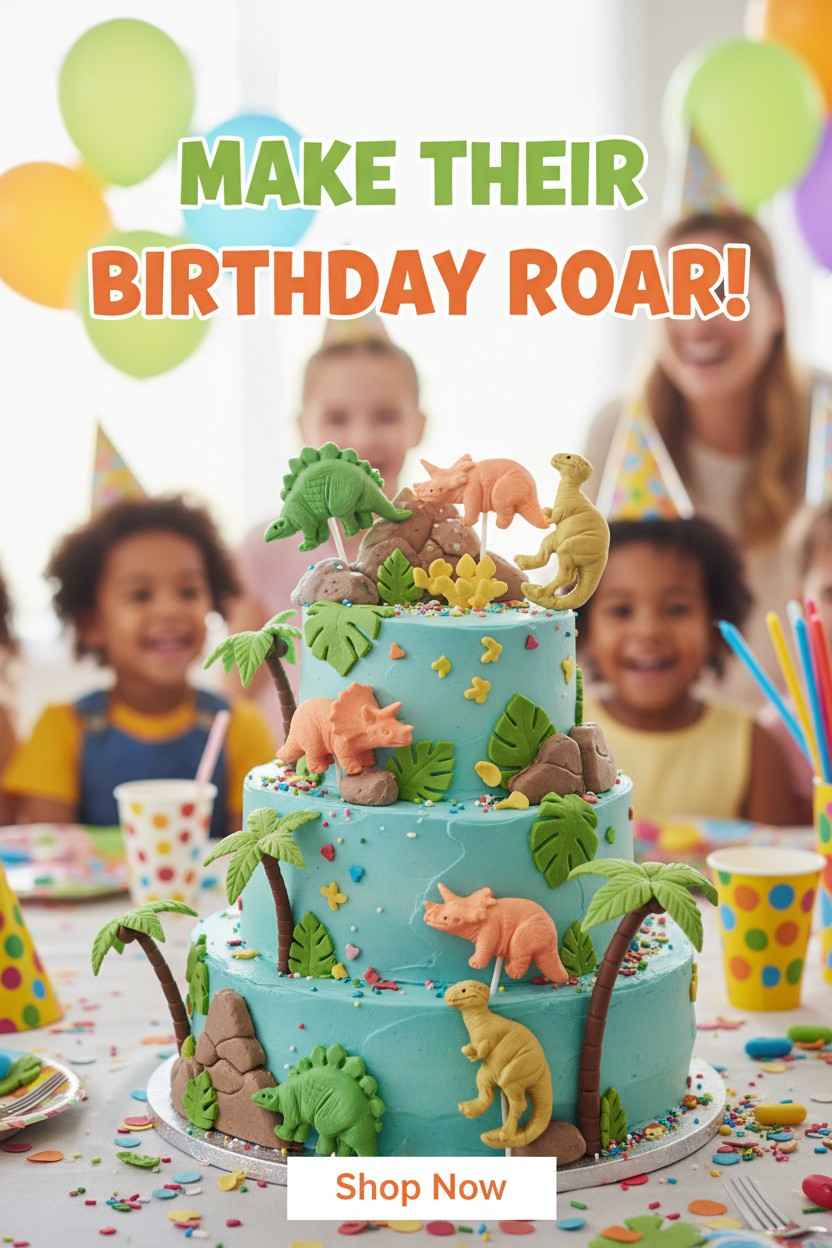 Two dinosaur cake toppers. One dinosaur walks on two legs and is blue. The other is on four legs with a long neck and is green.