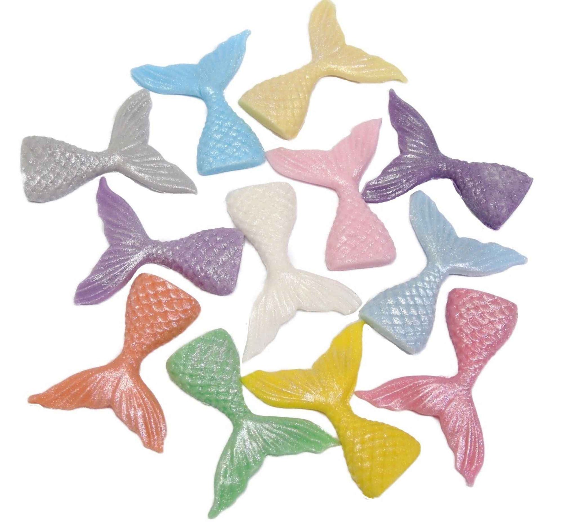 12 Handmade Coloured Glittered Mermaid Tails Edible Toppers