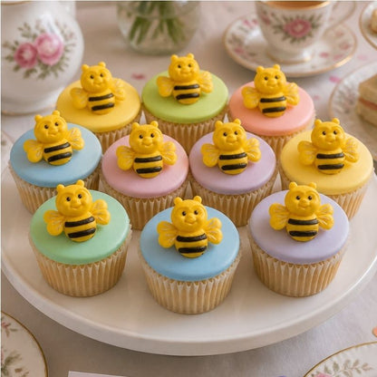bumbe bee edible cupcake decorations on the top of iced buns