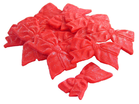 12 Edible Red Fine Glittered Bows Cupcake Toppers