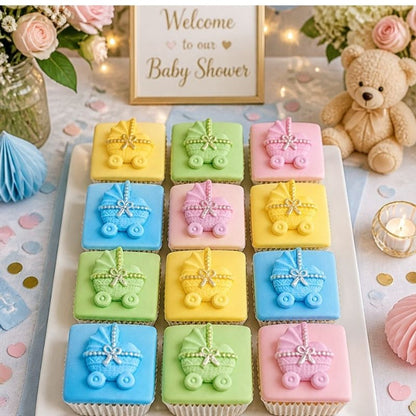 12 Coloured Prams Baby Shower Cupcake Decorations for Celebrations