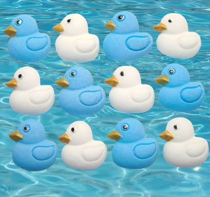 12 mix blue and white ducks cupcake toppers image shows them on water