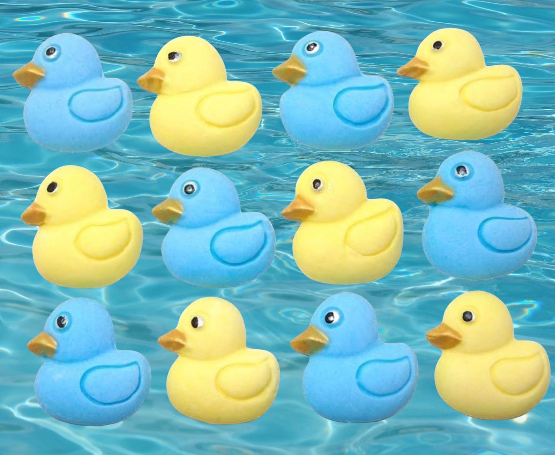 12 mix blue and yellow ducks cupcake toppers image shows them on water