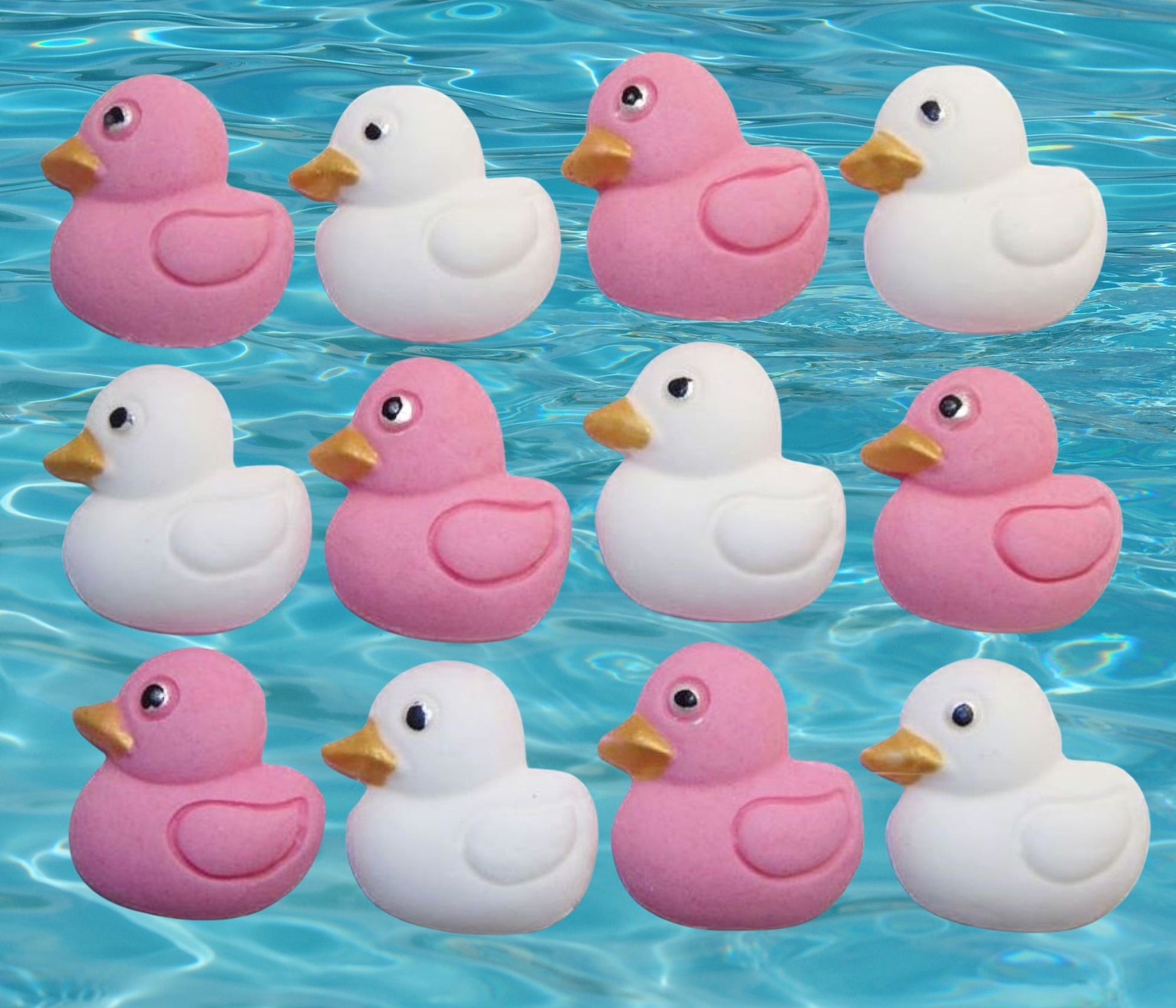 12 mix pink  and white ducks cupcake toppers image shows them on water
