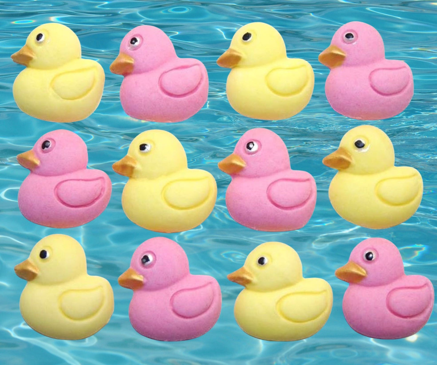 12 mix pink and yellow ducks cupcake toppers image shows them on water