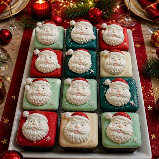 A white rectangular tray holding 12 decorated cupcakes arranged in a 3x4 grid. Each cupcake is topped with a  Santa face, with different handpainted colors: red, mint green, teal, cream, and dark green.