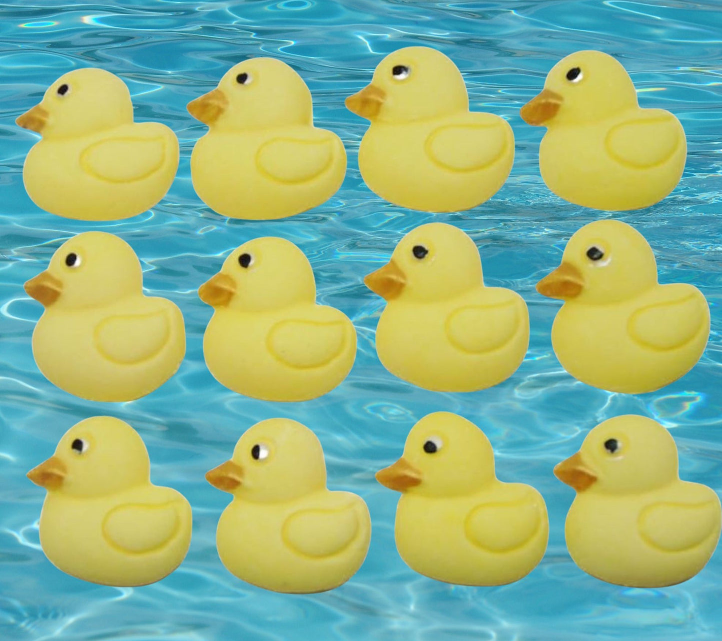 12 yellow ducks cupcake toppers image shows them on water