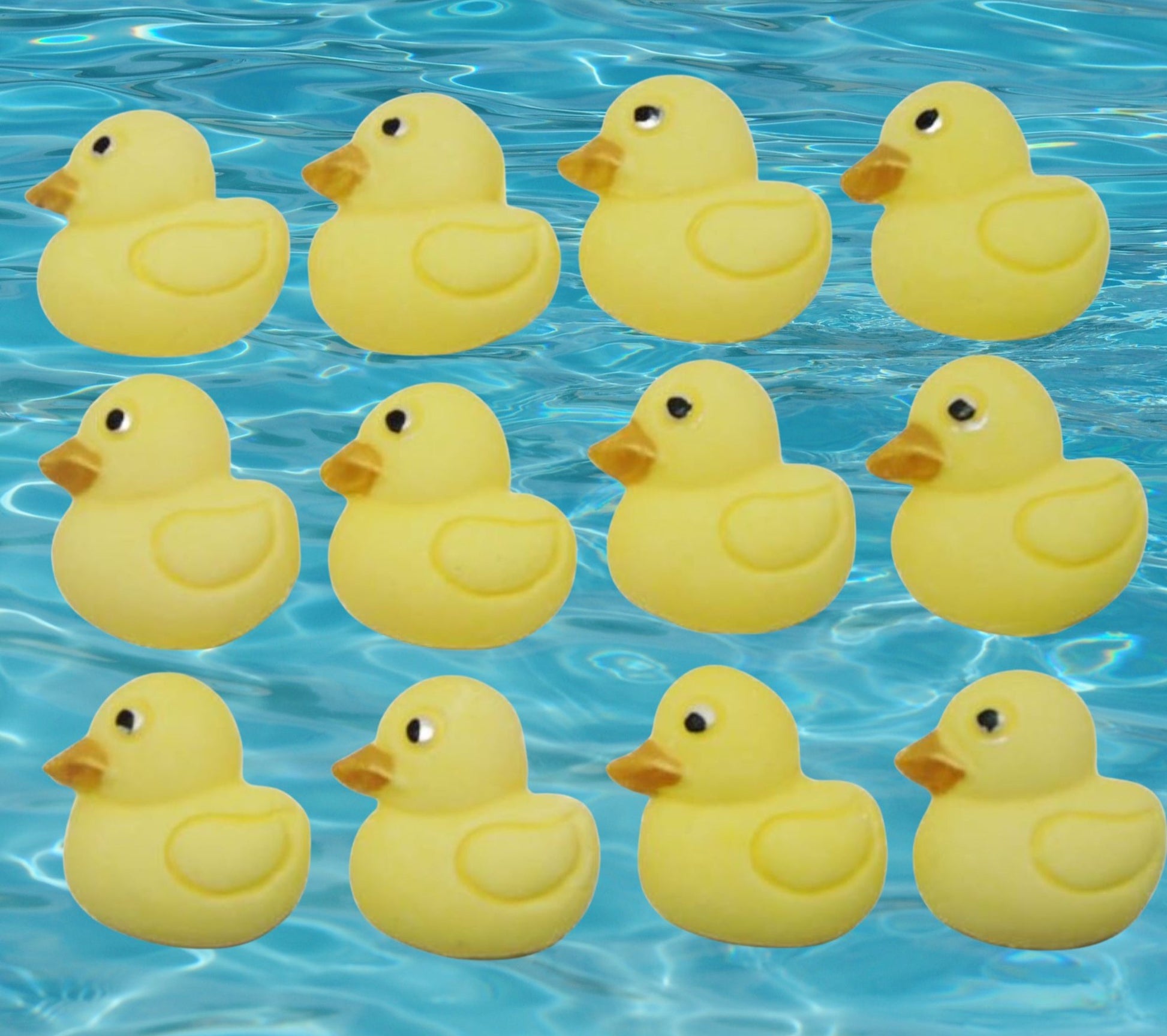 12 yellow ducks cupcake toppers image shows them on water
