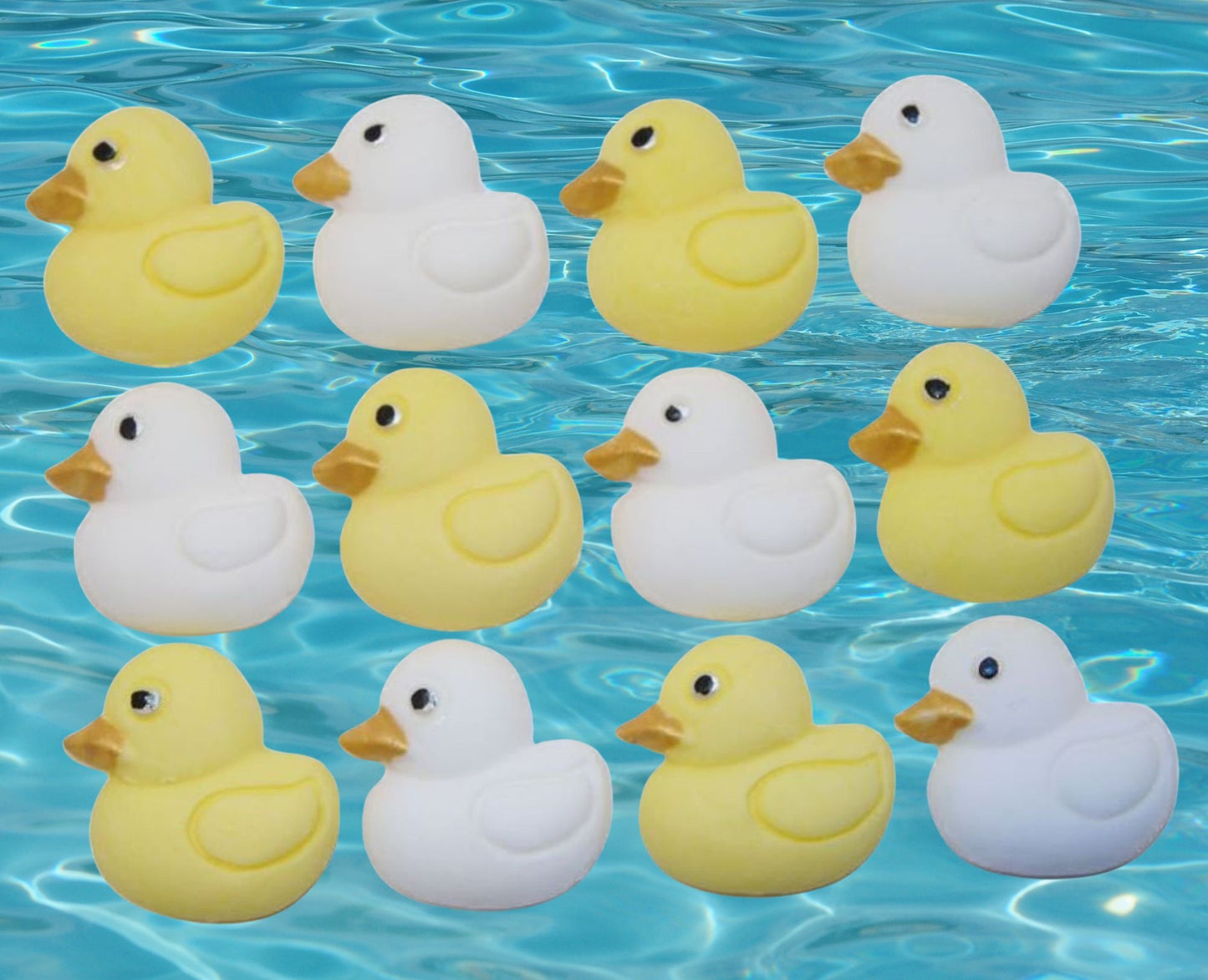 12 mix yellow and white ducks cupcake toppers image shows them on water