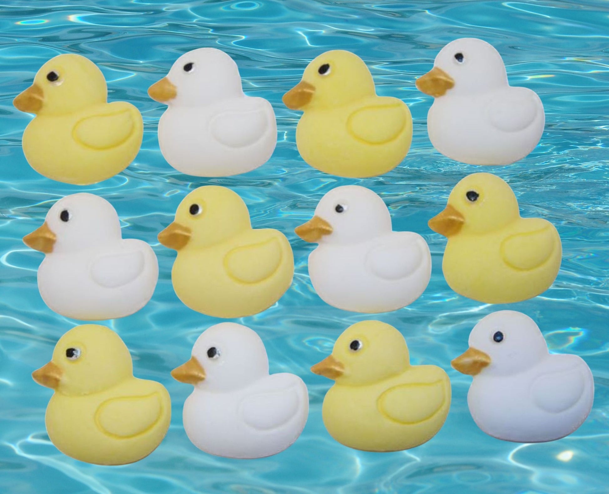 12 mix yellow and white ducks cupcake toppers image shows them on water
