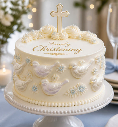 Decorative cake with 'Family Christening' text and bird designs on a stand.