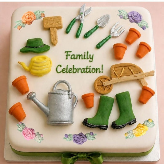 A square garden-themed birthday cake decorated with fondant models of gardening tools, boots, pots, a watering can, a wheelbarrow, flowers, and the words 'Family Celebration!' in green icing.