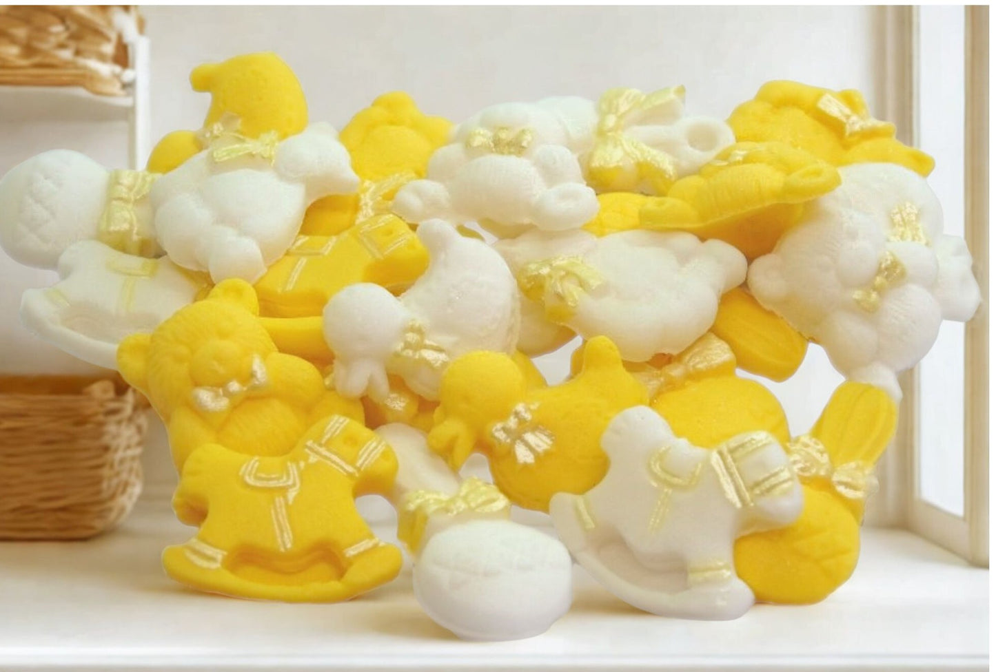24 yellow and white mixed baby shower cupcake topper decoration