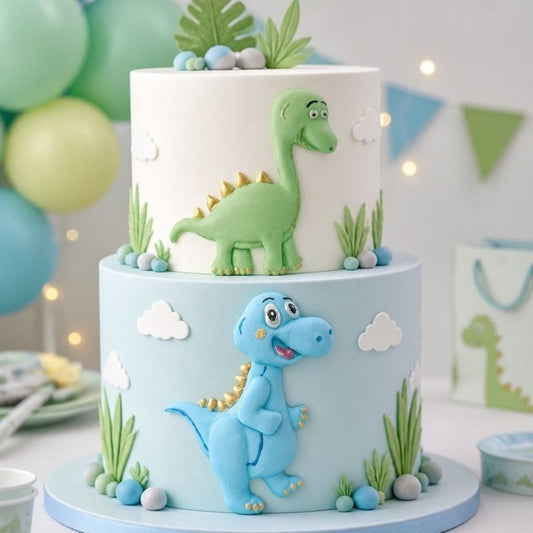Childs dinosaur cake displaying cake toppers