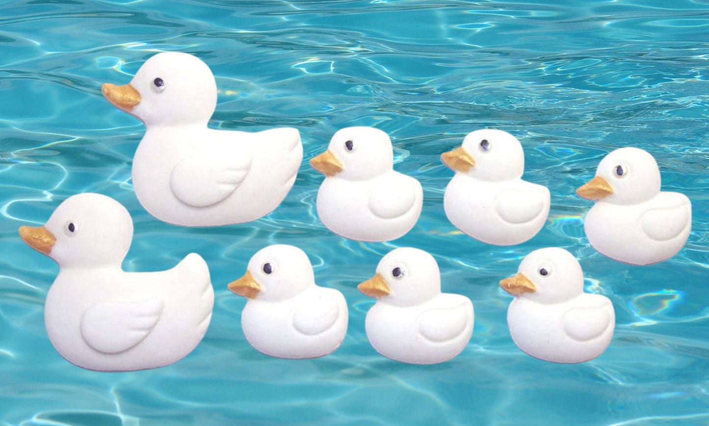 Edible white  ducks cupcake toppers shown floating on blue water