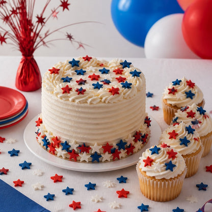 Cake decorated with 2 backs red white and blue stars