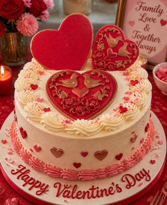 Valentine's Day cake with heart designs and 'Happy Valentine's Day' text on a red tablecloth.