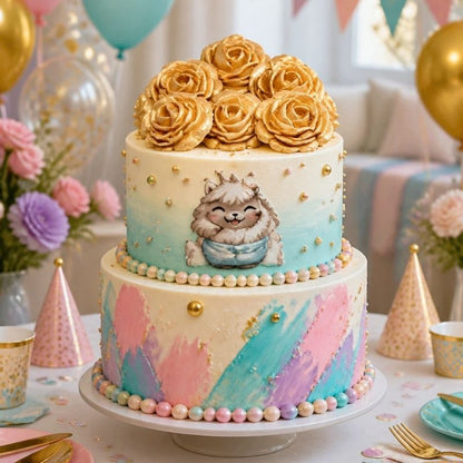 Two-tiered birthday cake with cartoon character and gold flowers, surrounded by balloons and flowers.
