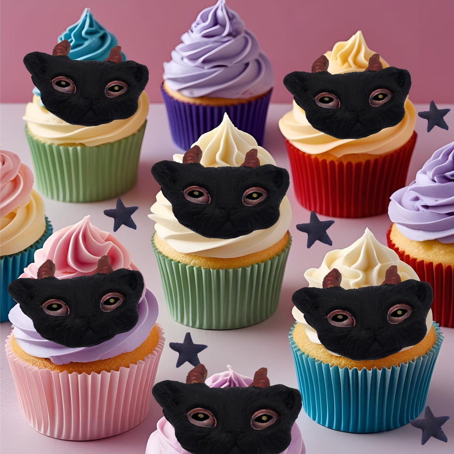 Halloween-themed cupcakes decorated with vegan Cats faces 