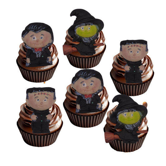 Set of six cupcakes with Halloween-themed decorations on a white background