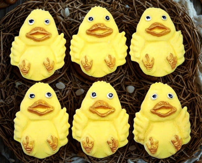 6 yellow happy ducks images shown them on a basket of straw