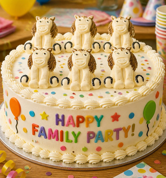 Birthday cake with horse decorations and 'Happy Family Party!' text