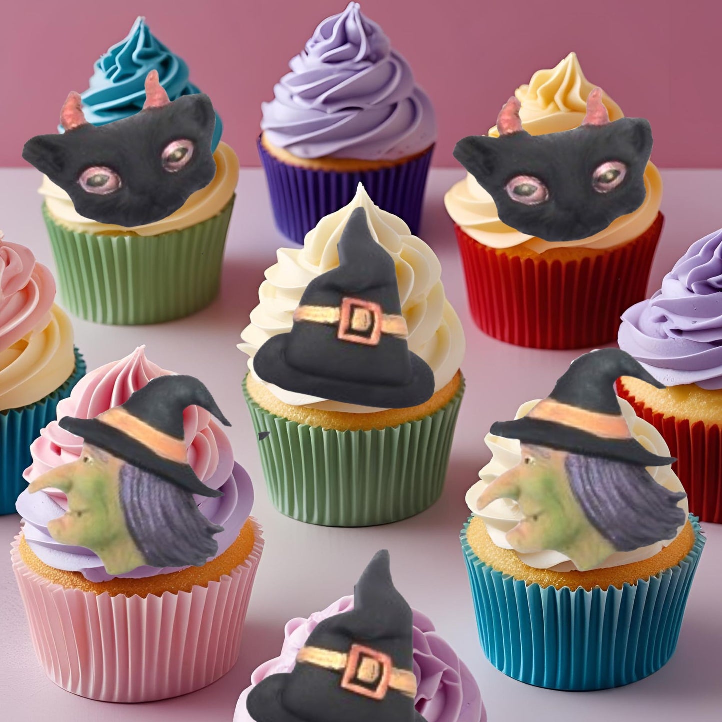 Halloween-themed cupcakes with cat faces, witches and hats on a pink background