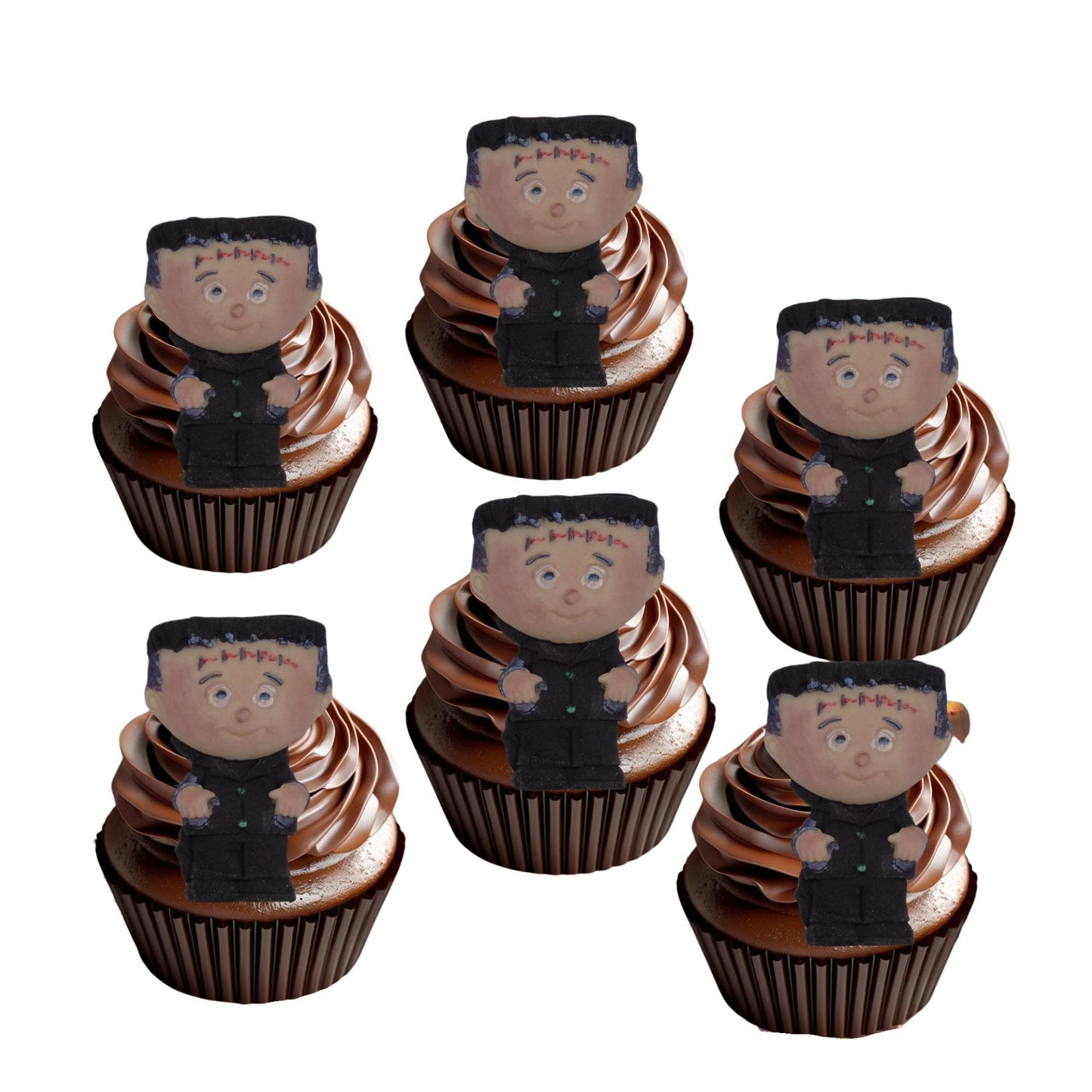 Cupcakes with halloween Monster character toppers on a white background