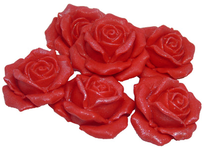 6 Red Glittered edible large roses vegan dairy free & gluten free decorations