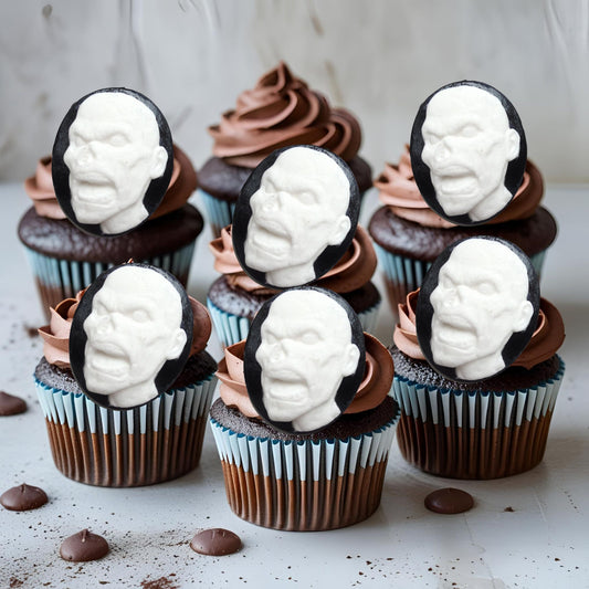 Cupcakes with white face zombies  decorations on a light background