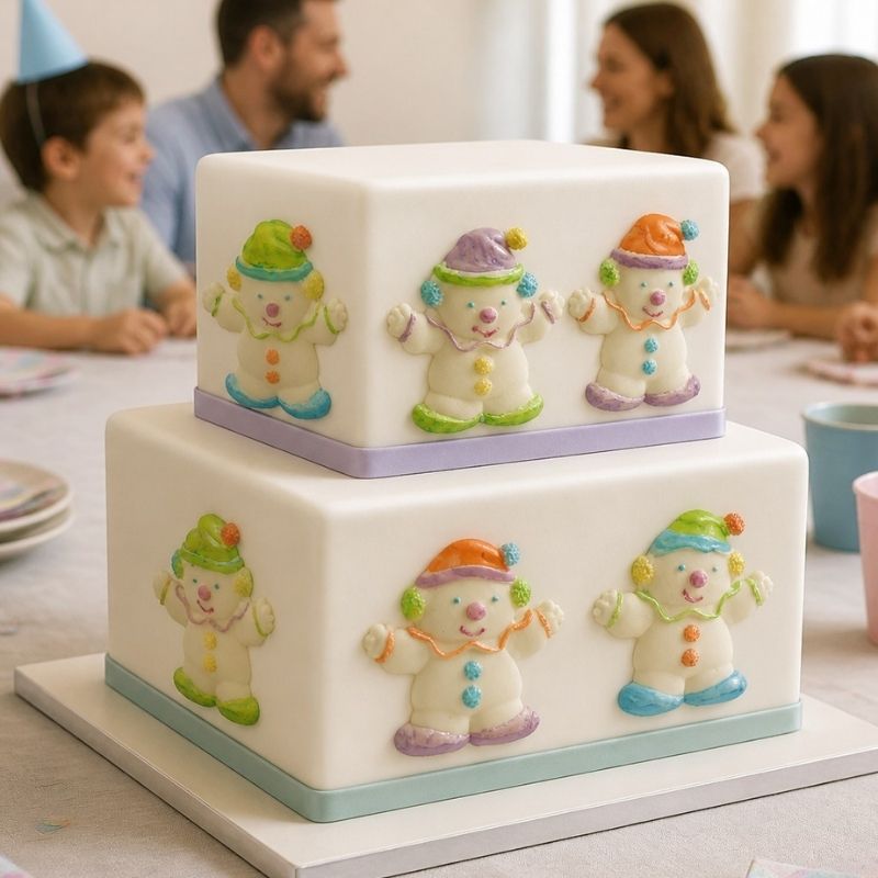 Two-tiered cake with clown-themed decorations on a table with people in the background.
