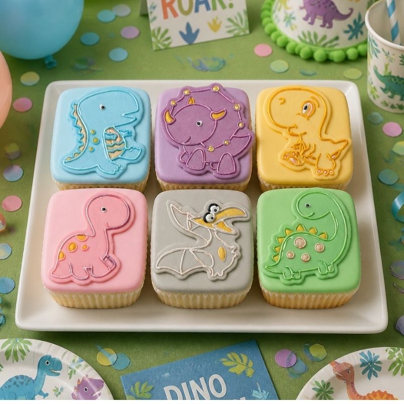 set dinosaurs decorations on six coloured cupcakes