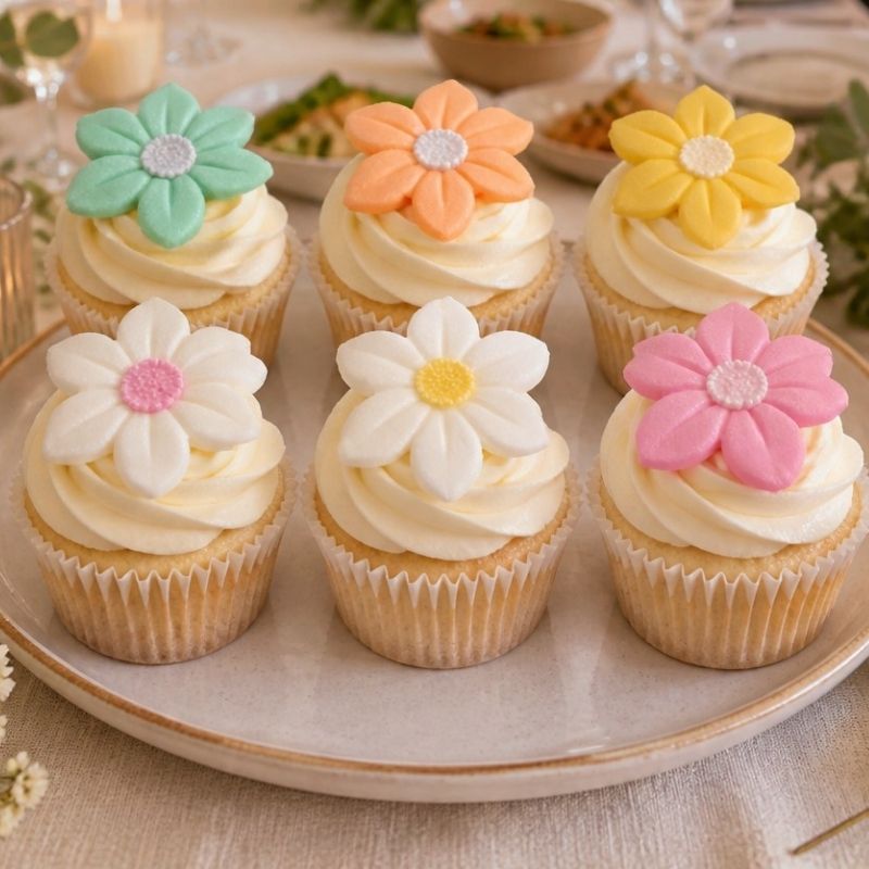 Cupcakes with flower-shaped decorations on a plate