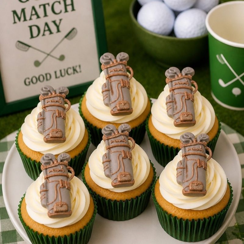 Six golf-themed cupcakes decorated with white frosting and miniature brown-and-gray golf bag toppers, arranged on a white plate with golf-themed party props in the background.
