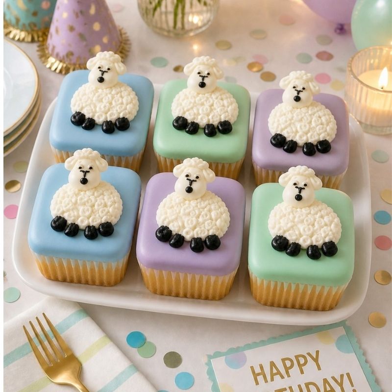 Six cupcakes topped with white sheep figurines and colorful pastel frosting, arranged on a white tray with party decorations in the background.