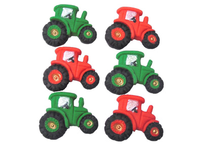 Set of 6 tractors 3 green and 3 red edible on top of farm cake