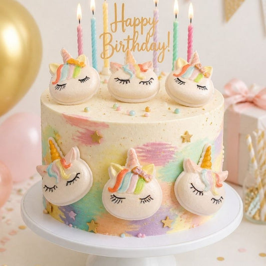 A pastel unicorn-themed birthday cake on a white pedestal stand, decorated with cream frosting, rainbow watercolor accents, and six white unicorn face toppers with closed eyelashes and gold horns. Pink, yellow, and blue candles with a gold 'Happy Birthday!' sign are inserted into the top, and party balloons and a gift box appear softly blurred in the background.