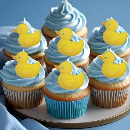 cupcake with blue frosting showcasing 6 edible yellow duck decorations